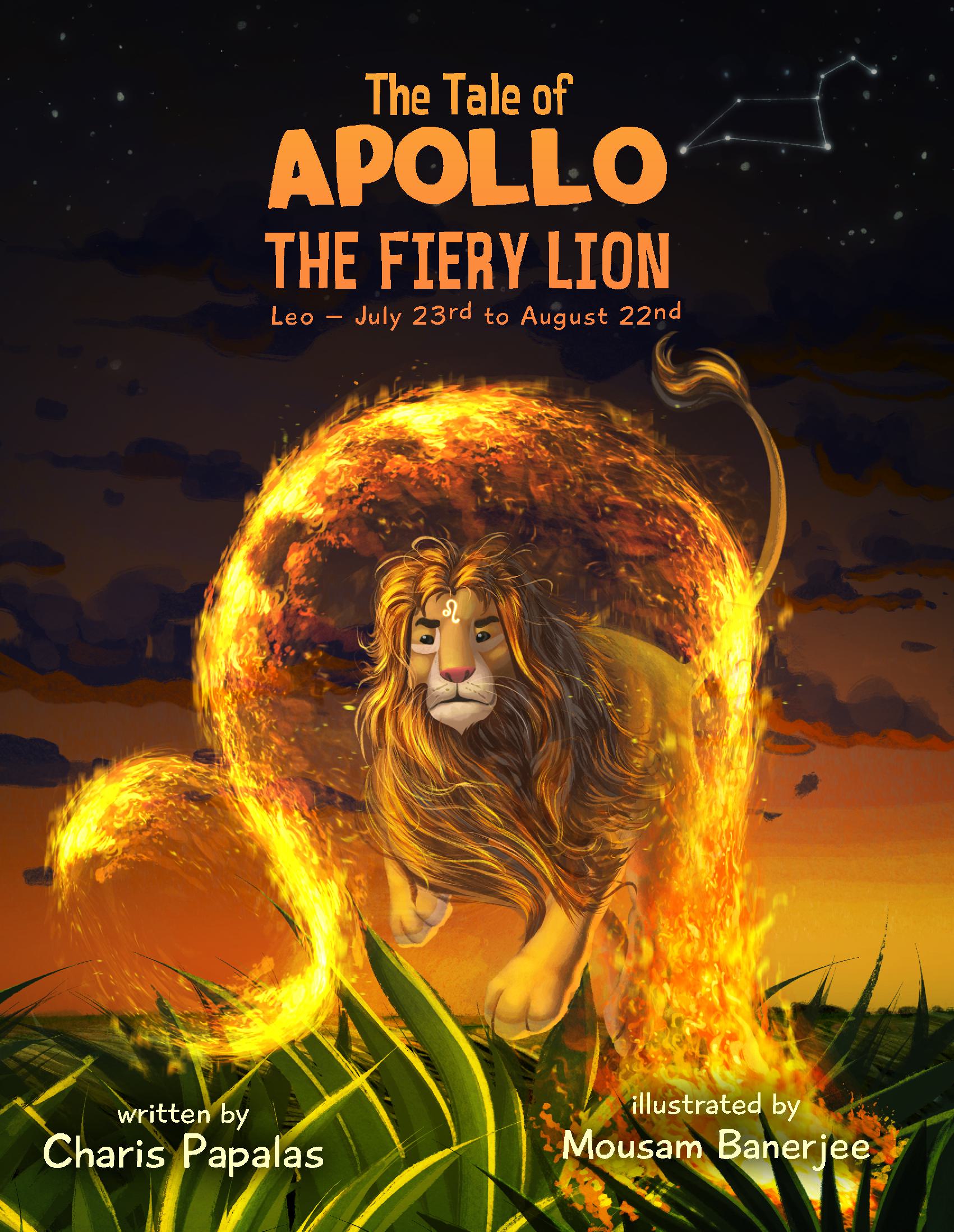 Cover art depicting Apollo the lion, representing the Leo zodiac, with a radiant sun in the background.
