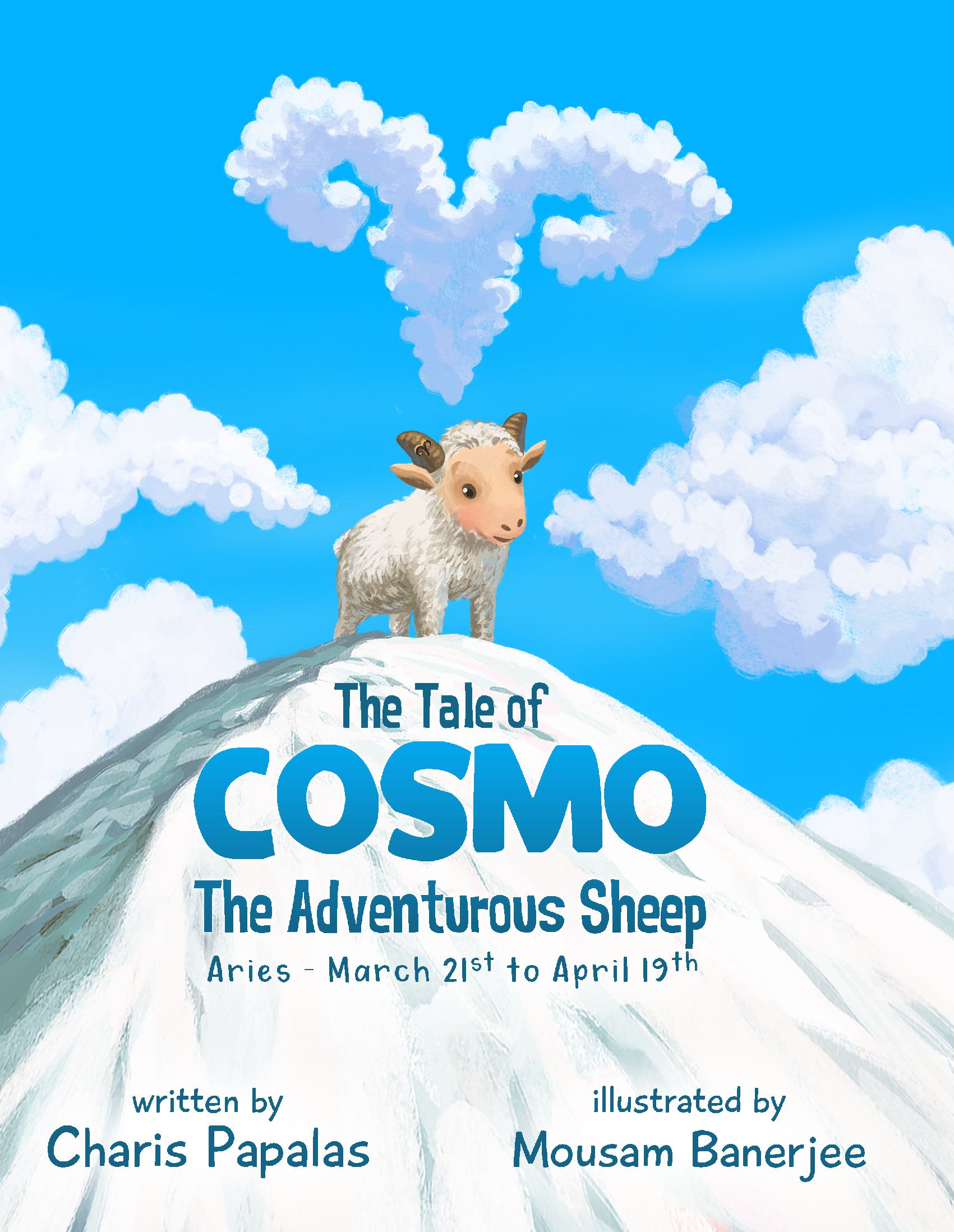Cover art depicting Cosmo the sheep, symbolizing the Aries zodiac sign, with a backdrop of rolling hills and clouds.
