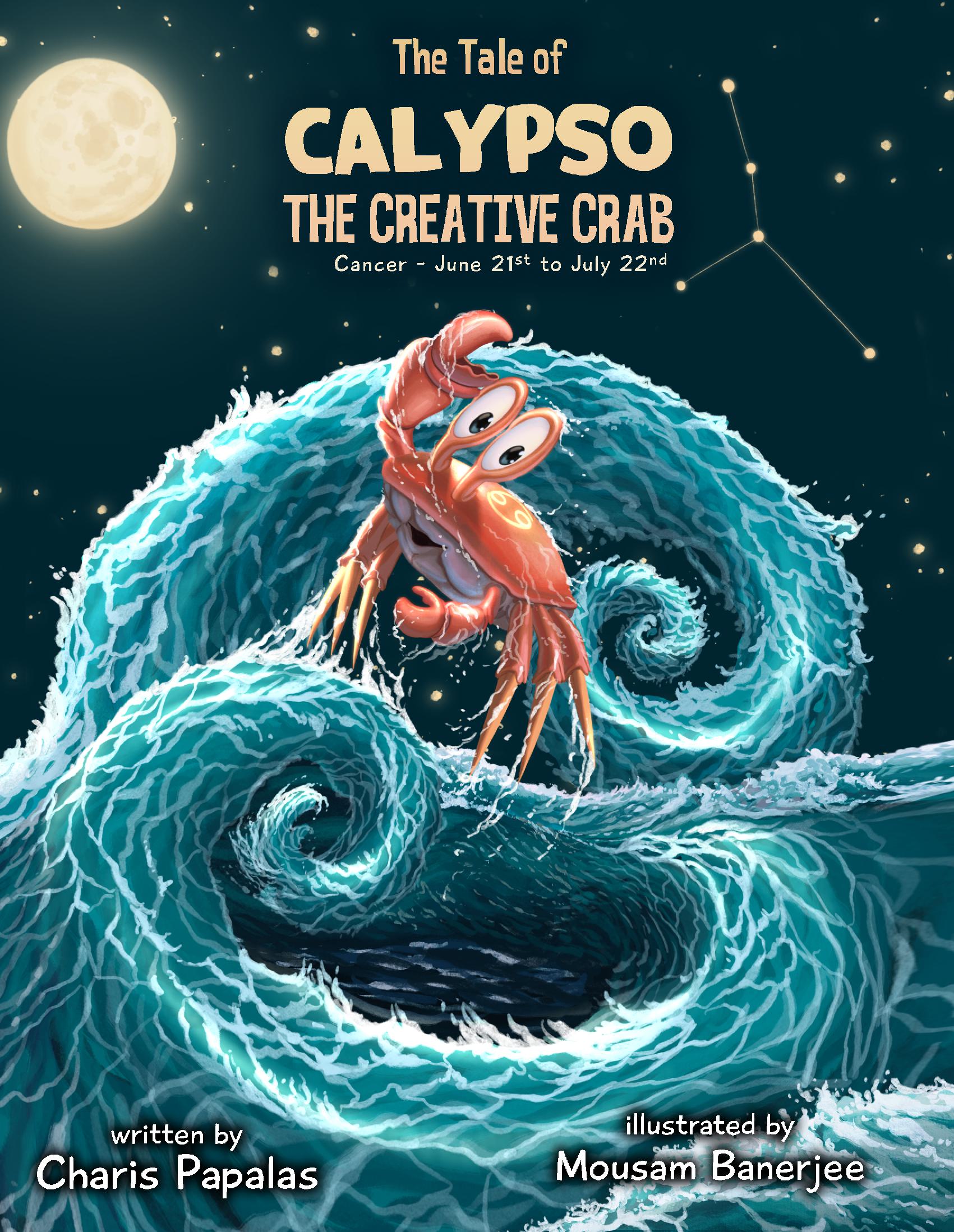 Artwork of Calypso the crab, symbolising the Cancer zodiac, surrounded by ocean waves and starry skies.