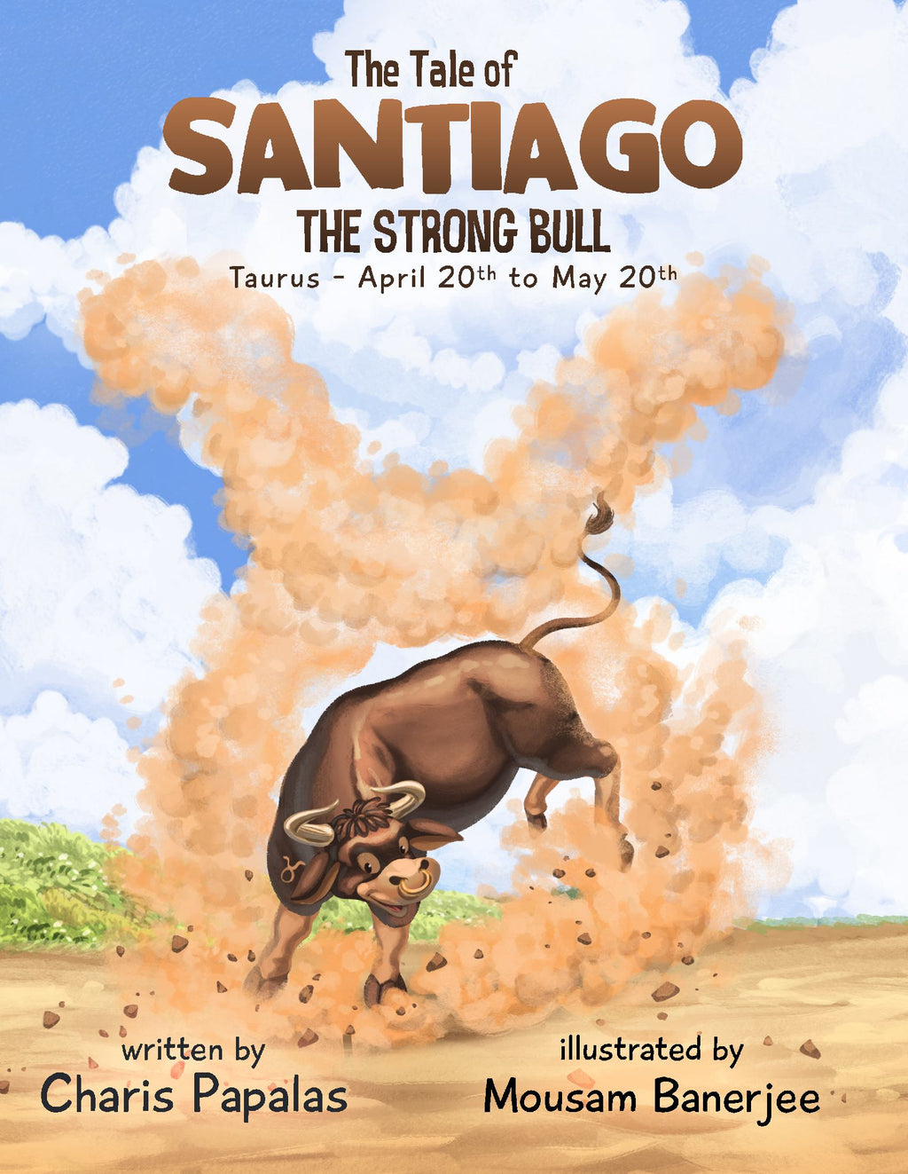 Artwork showcasing Santiago the bull, representing the Taurus zodiac, amidst a dusty plain.
