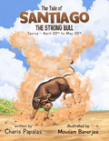 Artwork showcasing Santiago the bull, representing the Taurus zodiac, amidst a dusty plain.