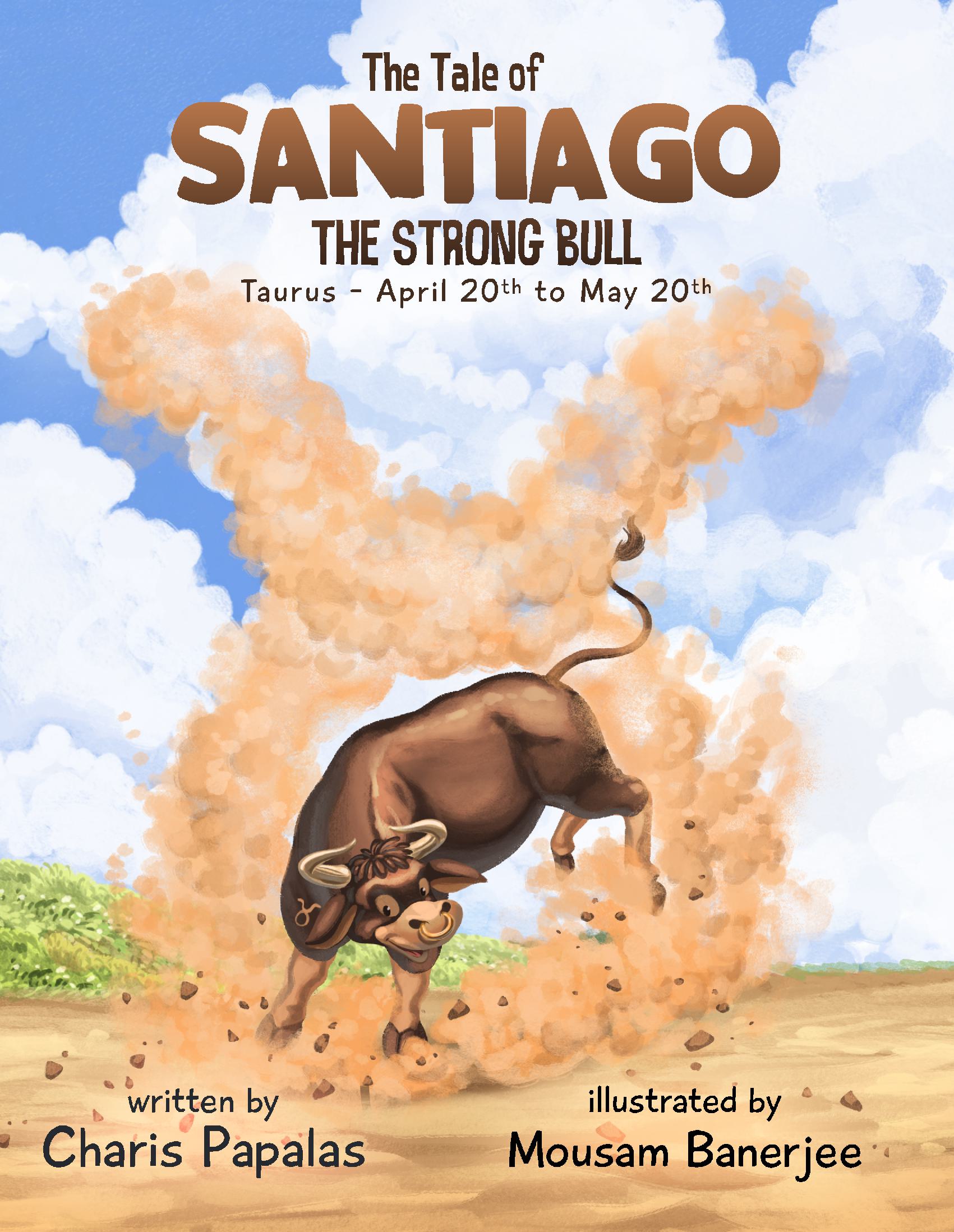 Artwork showcasing Santiago the bull, representing the Taurus zodiac, amidst a dusty plain.