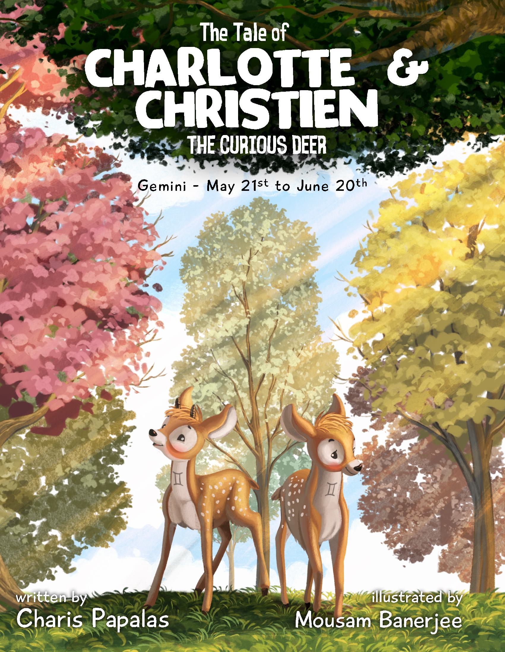 Cover image featuring the curious deer duo, embodying the Gemini zodiac sign, in a whimsical woodland setting.