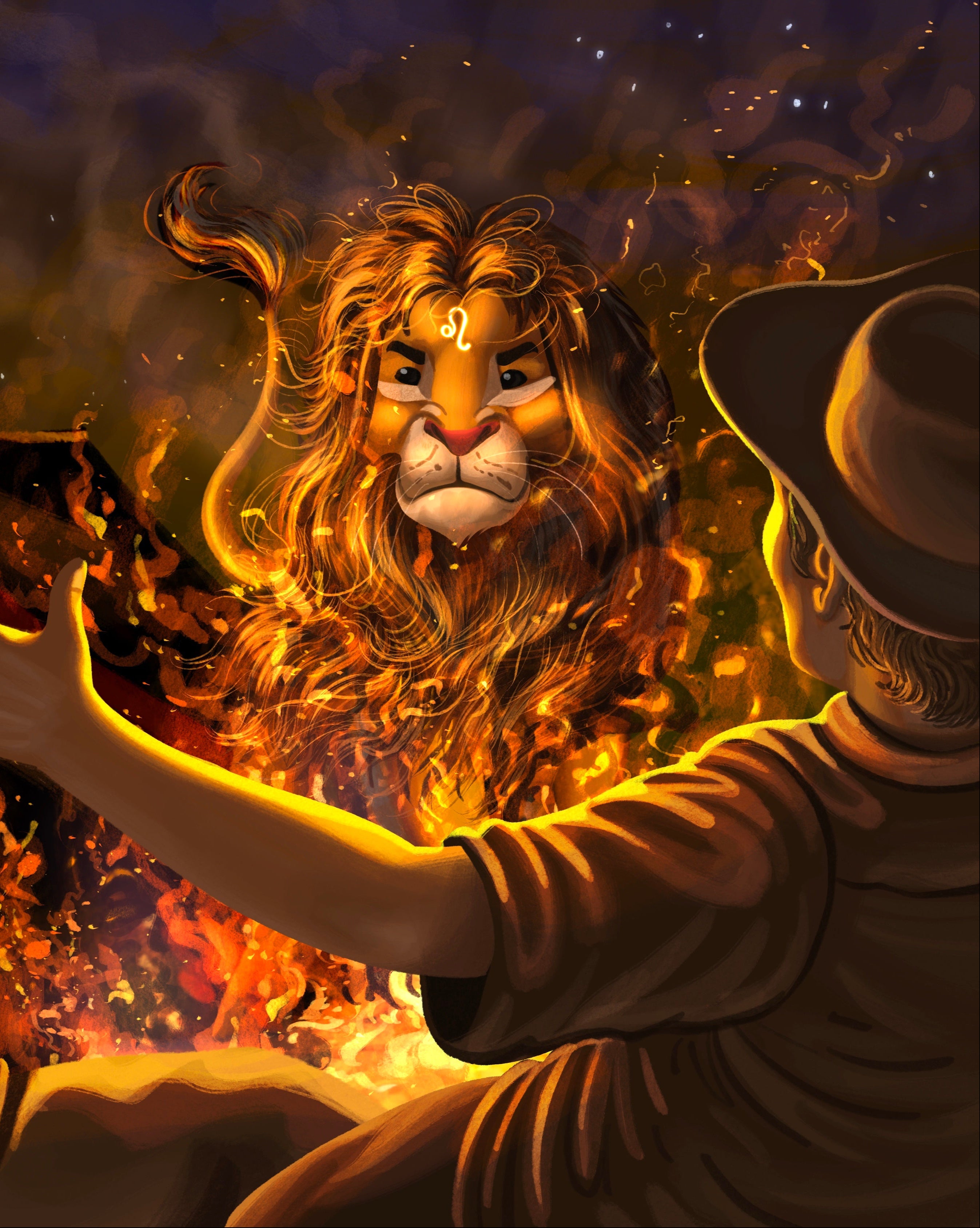 Image of Apollo the lion, looking majestic next to a campfire with a startled adventurer.