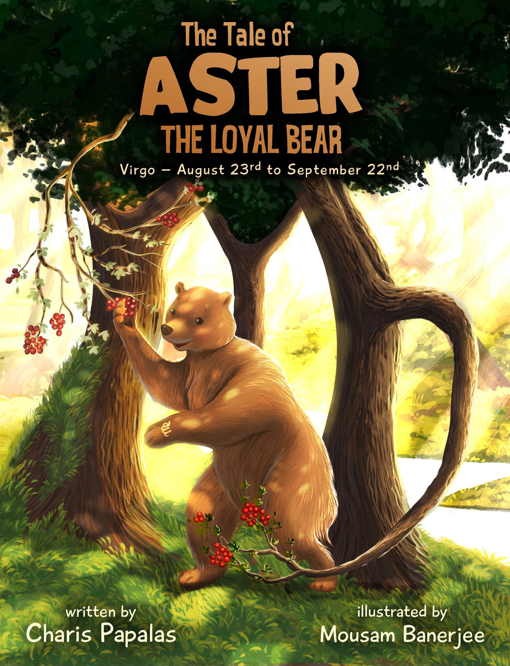Artwork showcasing Aster the bear, embodying the Virgo zodiac, amidst a peaceful woodland setting.
