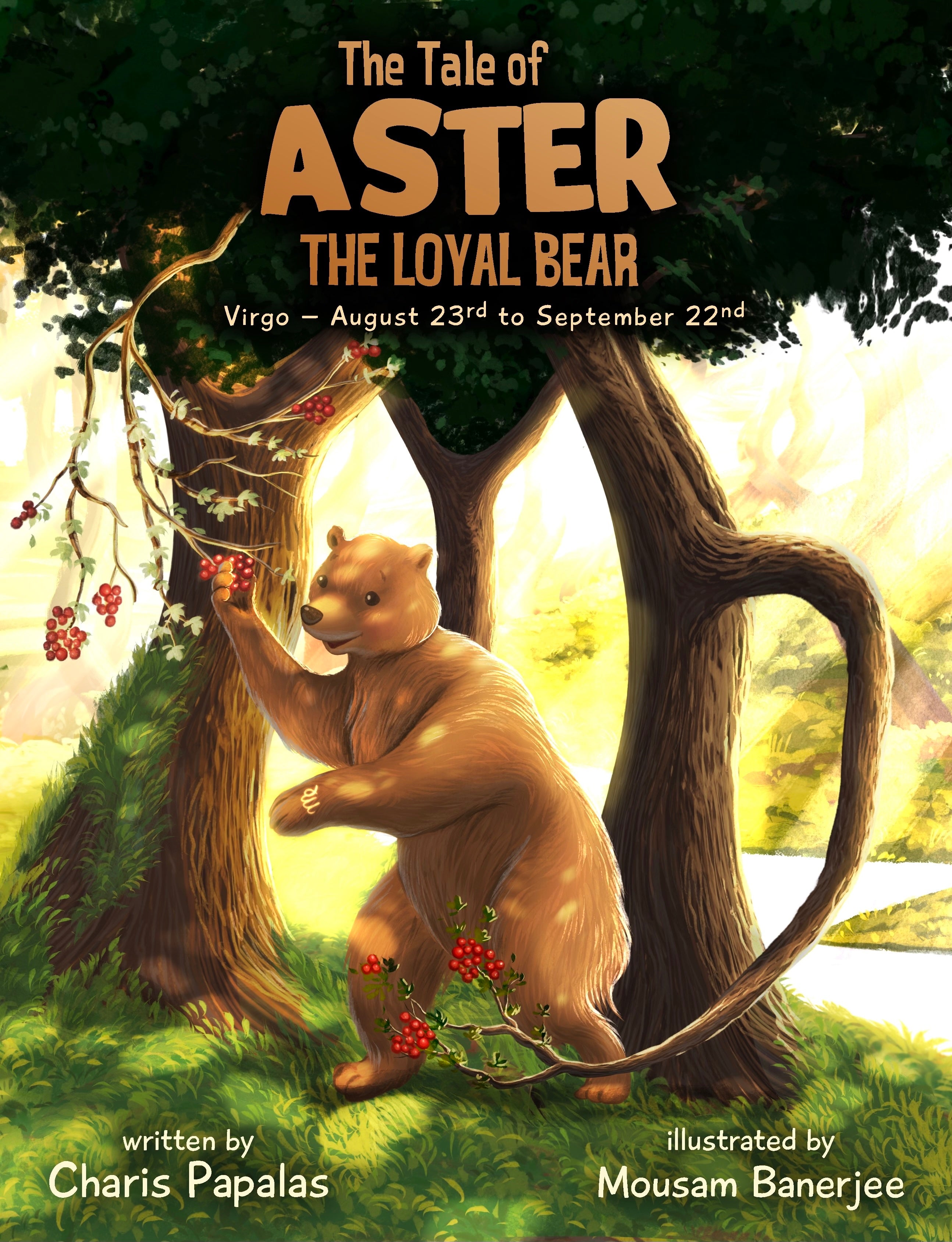 Artwork showcasing Aster the bear, embodying the Virgo zodiac, amidst a peaceful woodland setting.