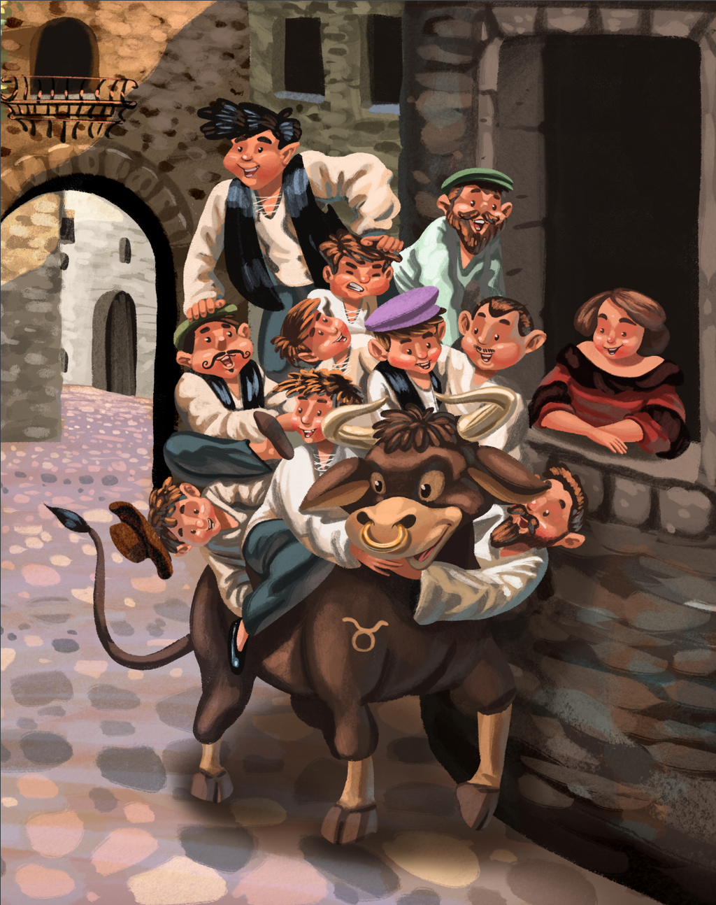 Image of Santiago the bull being celebrated by the villagers on a cobbled lane in the village.